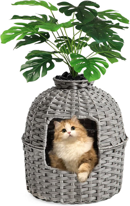 SETVSON Cat Litter Box Plant Furniture Enclosure, Rattan PE House, Natural | Decorative Planter Design, Removable Top for Easy Cleaning, Includes Artificial Plants, Real Stones, 20 X 20 Inches14