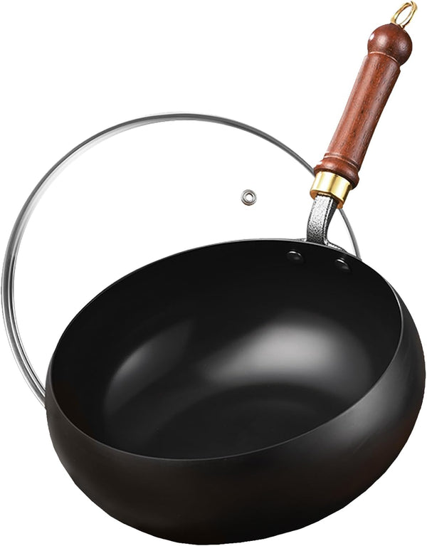 Carbon Steel Wok Pan, 9.4 INCH Nonstick Pre-Seasoned Woks & Stir-Fry Pans with Lid, No Chemical Coating Wok Flat Bottom Small Handmade Chinese Wok for Induction, Gas, Electric & All Stoves1