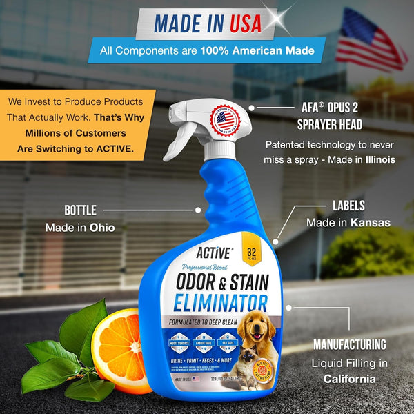 Pet Odor and Stain Eliminator - 32 Oz ACTIVE Enzyme Cleaner for Dog & Cat Urine, Stain Remover Spray for Carpet, Upholstery, Hardwood, Spot Cleaning, Deodorizer for Dogs Cats Pets - Natural Citrus Oil6