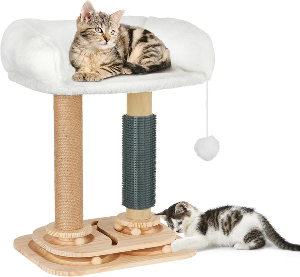 Cat Scratching Post with Bed, 4-In-1 Small Cat Tree Tower | Sisal Scratcher, Elevated Washable Bed, Track Ball Toy, Built-In Self-Groomer1