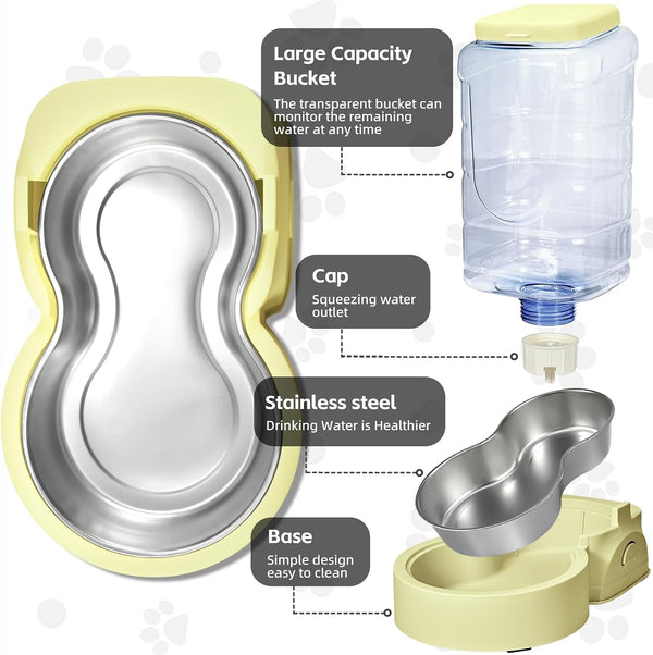 HWONMTE Portable Automatic Cat Feeder and Water Dispenser with Stainless Steel Bowl Dog Gravity Food Feeder and Waterer for Small Medium Pets Puppy Kitten 1 Gallon X 2 (Cream Yellow)3