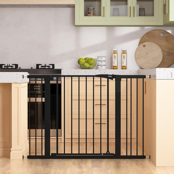 Keny 29.7"-46" Baby Gate for Stairs, Auto Close Dog Gates for Doorways | Pressured Mounted No Drilling Pet Gate Extra Wide, One-Hand Opening Dual Lock Stair Gate, Indoor Kids Necessities, Black1