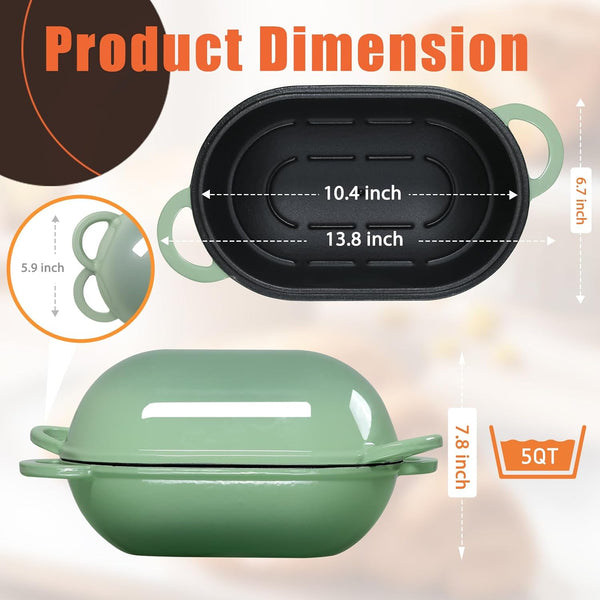 5 QT Enameled Cast Iron Sourdough Bread Oven, Loaf Pan with Lid | Oval Dutch Oven for Homemade Sourdough Bread Baking, Oven Safe up to 500°F, Meatloaf Pan with Dome Lid, Fig Green3