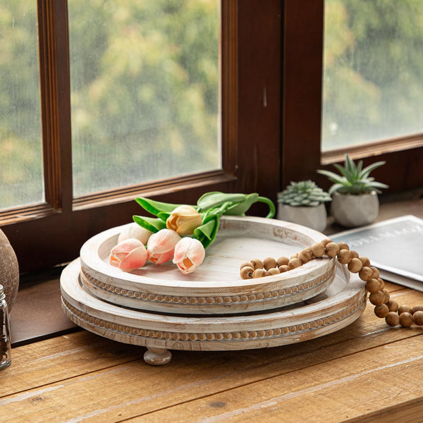 2 Piece Whitewashed Wooden Serving Tray Set with Beaded Design, Farmhouse Centerpiece Table Decorations, round Coffee Table Tray for Living Room Home Decor, Ottoman Tray Decor for Rustic Styles3