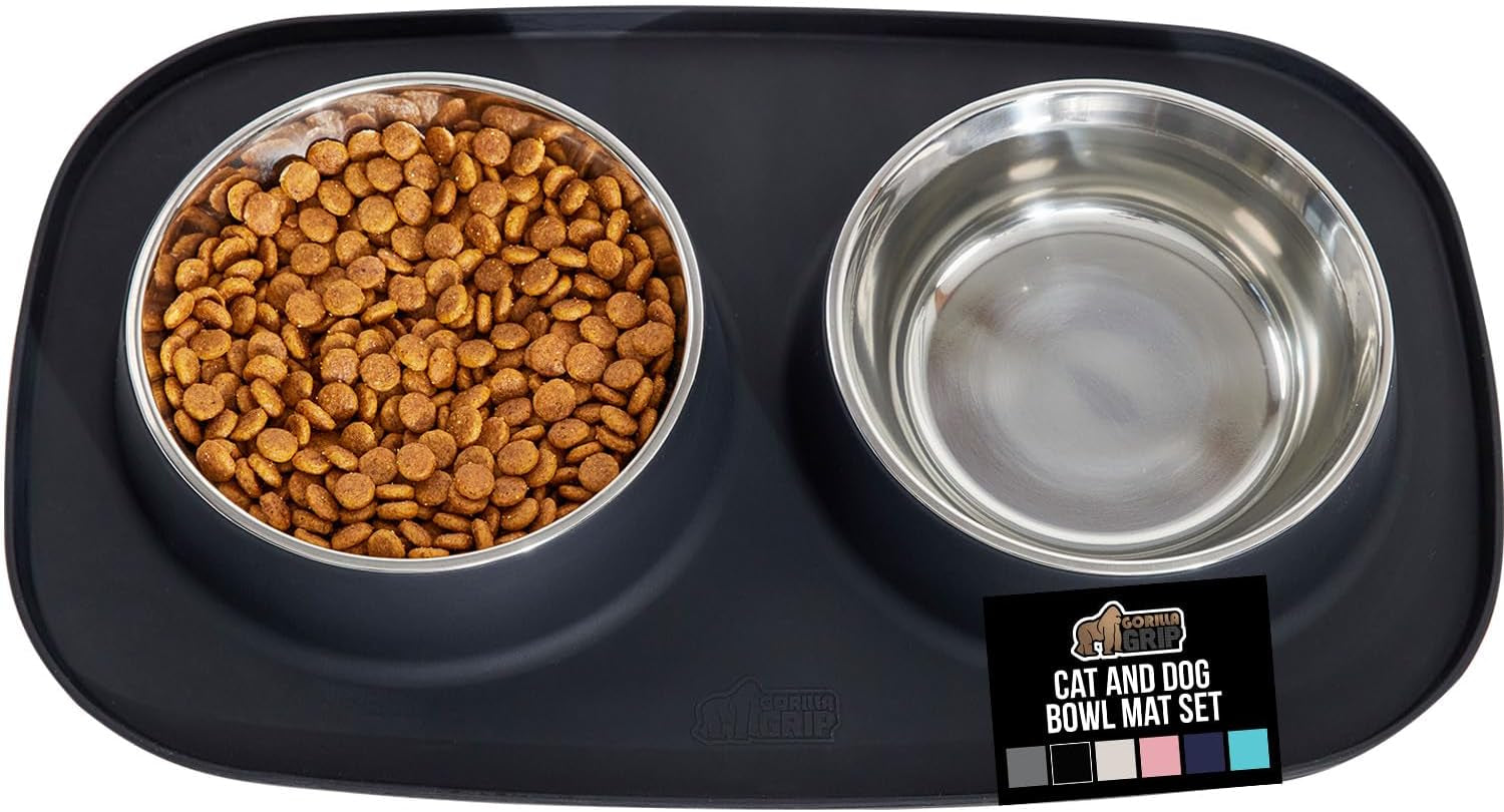 gorilla-grip-patented-dog-bowl-set-with-slip-resistant-silicone-feeding-mat-food-grade-304-stainless-steel-bowls-bpa-free-high-edge-spill-containment-dishwasher-safe-finger-notch-removal-2-cup-gray