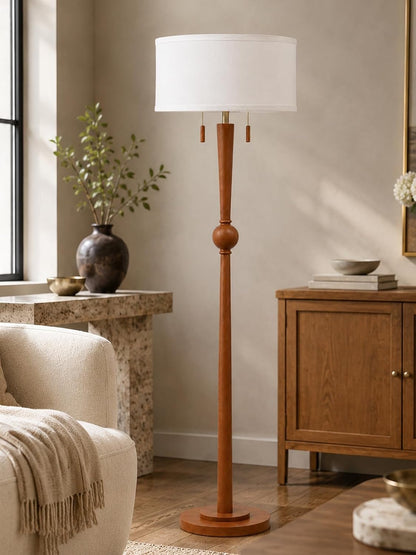Solid Wood Floor Lamp for Living Room,Pull Chains Standing Lamp | 62.8" Tall,17" White Drum Shade,Sculptural Wood Base & Stem,2-Light Design,Standing Lamp for Bedroom,2 Bulbs Included1