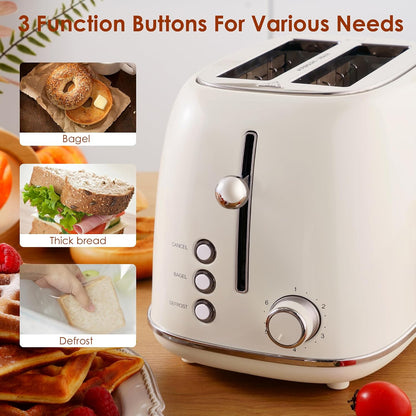 2 Slice Toaster Retro Stainless Steel with Bagel, Cancel, and Defrost Functions, 6 Bread Shade Settings, Extra Wide Slots and Removable Crumb Tray, Cream3