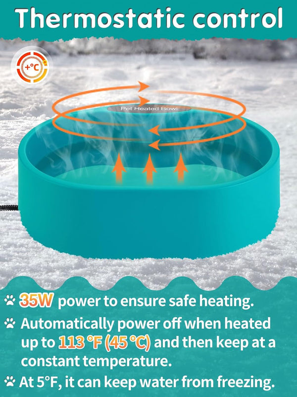 3.7L Heated Water Bowl for Outdoor Dogs Cats - 30W Thermostatic Control Heating Pet Bowl with 6.6Ft Bite-Proof Cord for Winter Chickens4