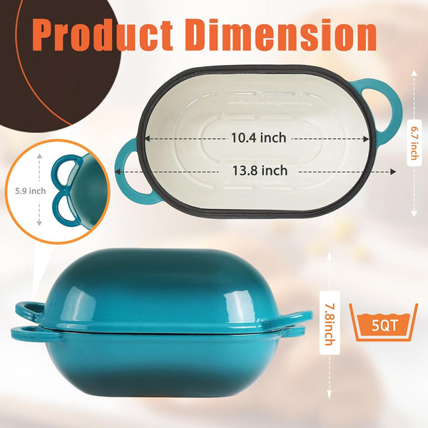 5 QT Enameled Cast Iron Sourdough Bread Oven, Loaf Pan with Lid | Oval Dutch Oven for Homemade Sourdough Bread Baking, Oven Safe up to 500°F, Meatloaf Pan with Dome Lid, Blue-Green2