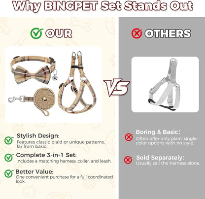 BINGPET Dog Harness Collar Leash Set,Adjustable No Pull Escape Proof Small Dog Harness,Classic Plaid Puppy Harness and Leash Set for Small Medium Large Dogs Training Easy Walk Running(Beige,S)6
