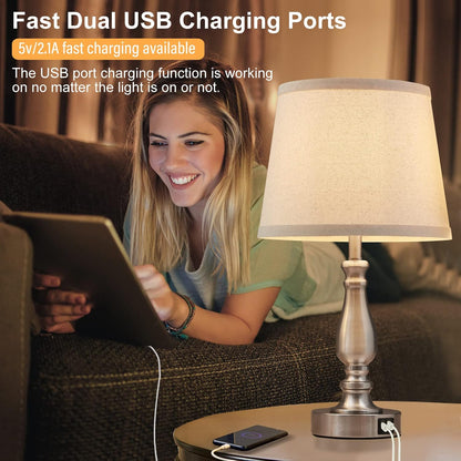 Lamps for Bedrooms Set of 2, Brushed Nickel Bedside Lamps with USB C+A Ports,Dimmable Nightstand Lamps with Fabric Lampshade, Touch Table Lamp for Living Room Bedroom Office, Bulbs Included4