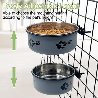 Kathson 2 Pcs Dog Kennel Crate Feeder, Stainless Steel No Spill, Hanging Metal Pet Food Bowl for Cats Small Medium Dogs (Gray)4