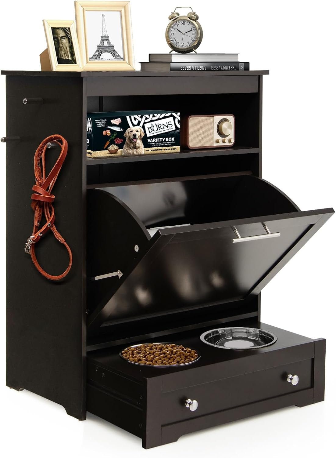dog-food-cabinet-feeding-station-with-2-raised-bowls-pull-out-elevated-dog-bowl-storage-3-hangers-pet-feeder-toy-leashes-organizer-brown