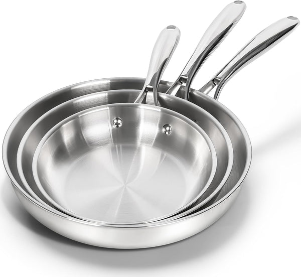 18/10 Stainless Steel Frying Pan Set, 8" / 9.5" / 11" Cooking Pans, Triply Base Stainless Steel Pan Set with Ergonomic Handle, Induction Compatible | 18/10 Stainless Steel Frying Pan Set with 3 Sizes and Triply Base for Even Heating, Versatile Everyday Cooking1