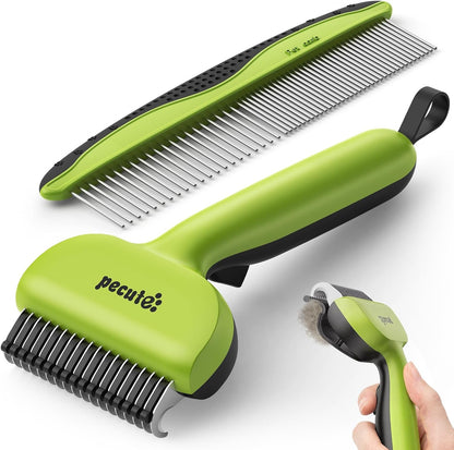 Pecute Self-Cleaning Undercoat Rake for Dogs Cats with Thick Double Coats | 1-Click Clean, 304SS, 18 Rounded Teeth, for Seasonal Heavy Shedding & Matting, Gentle on Pets, Ideal for Long/Dense Coats10
