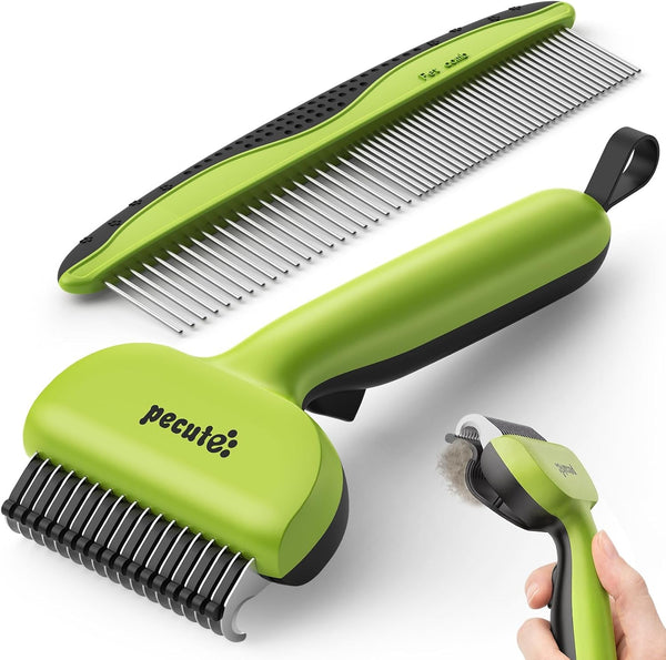 Pecute Self-Cleaning Undercoat Rake for Dogs Cats with Thick Double Coats | 1-Click Clean, 304SS, 18 Rounded Teeth, for Seasonal Heavy Shedding & Matting, Gentle on Pets, Ideal for Long/Dense Coats10