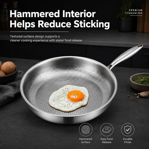 13Inch Titanium Pro Pans for Cooking, Titanium Frying Pan with Lid | Uncoated Hammered Cookware, Pfas-Free & No Coating, Oven & Induction Safe, Scratch-Resistant, Even Heating, Dishwasher Safe5
