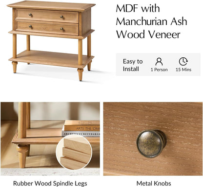 Farmhouse Nightstand with Drawer & Open Shelf, Natural Wood End Table with Solid Wood Legs, 28.4'' Wide Sofa Side Table with Charging Station(Oak)3