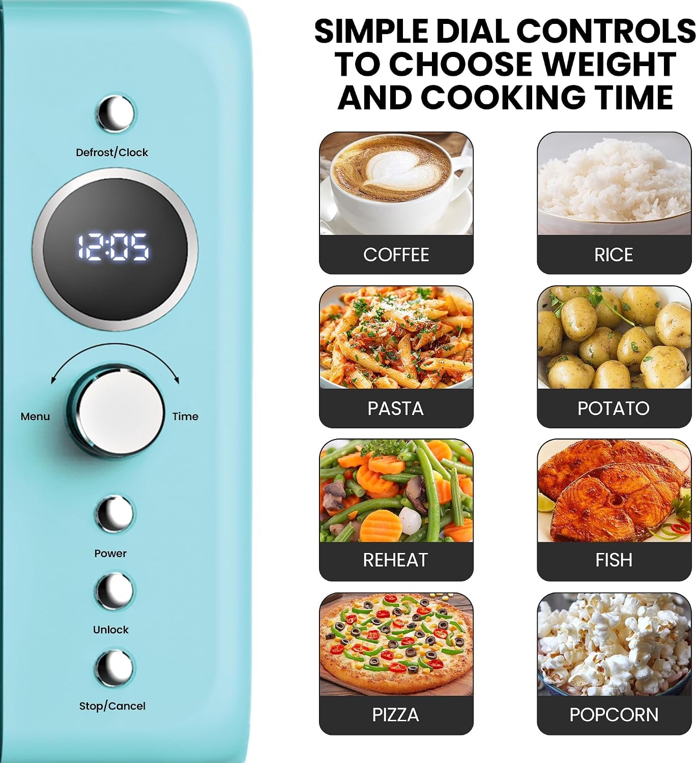 retro-microwave-oven-20l-0-7-cu-ft-quick-start-defrost-by-weight-time-8-pre-set-cooking-modes-for-coffee-rice-pasta-potato-reheat-fish-pizza-popcorn-700w-blue