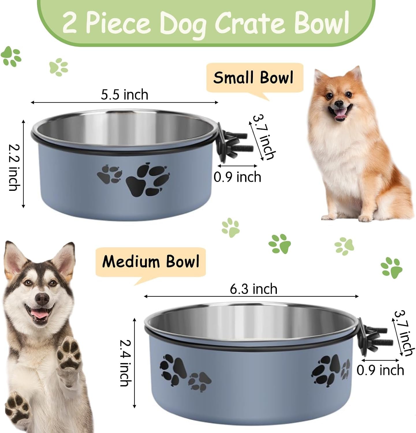kathson-2-pcs-dog-kennel-crate-feeder-stainless-steel-no-spill-hanging-metal-pet-food-bowl-for-cats-small-medium-dogs-gray