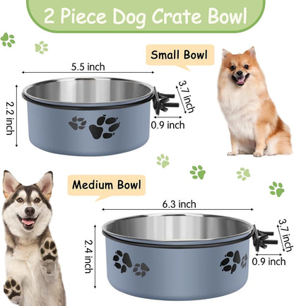 Kathson 2 Pcs Dog Kennel Crate Feeder, Stainless Steel No Spill, Hanging Metal Pet Food Bowl for Cats Small Medium Dogs (Gray)2
