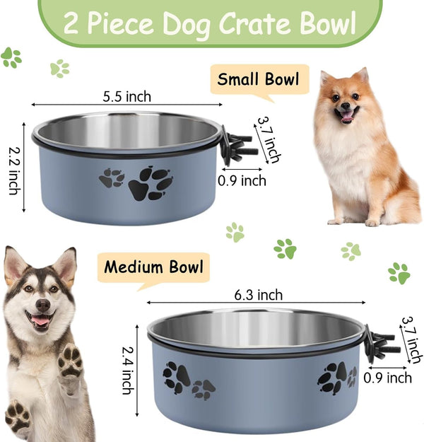 Kathson 2 Pcs Dog Kennel Crate Feeder, Stainless Steel No Spill, Hanging Metal Pet Food Bowl for Cats Small Medium Dogs (Gray)2