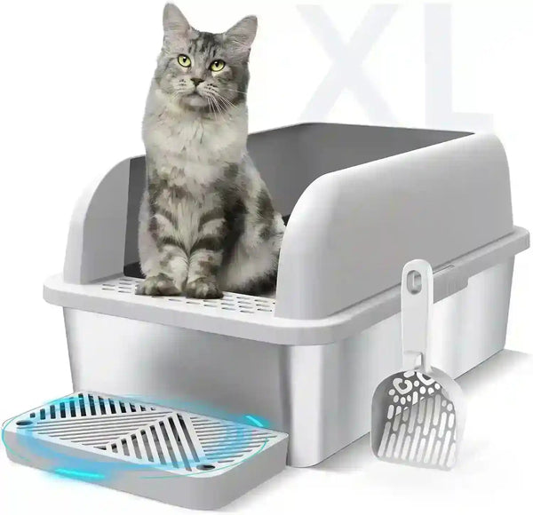 Gray tabby cat in XL covered litter box with scoop and odor filter, ideal for large cats7