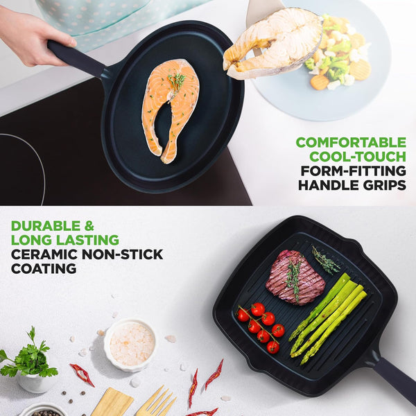 5 Pc Frying Pan Set Non Stick with Wok, Grill and Fish Pan | Ceramic Non Stick Coating, Die-Casting Aluminum, Stain-Resistant, Even Heat, Induction, Gas & Electric Cooktops Compatible4