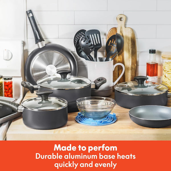 Cookware Set with Glass Lids with Nonstick, PFOA Free and Scratch Resistant Surface, Aluminum Bakeware, Pots and Pans, Storage Bowls & Utensils, Compatible with All Stovetops, 21 Piece, Gray5