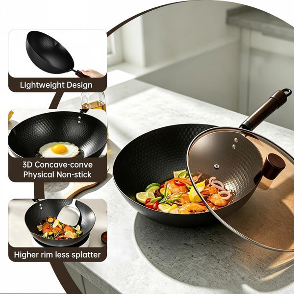 Cast Iron Wok, Frying Pan, Chinese Wok, Flat Bottom Cookware, Non-Stick Easy to Clean for Frying, Stir-Frying, Cooking, Pfoa-Free, Dishwasher Safe Compatible with All Kitchen (12.59-In)6