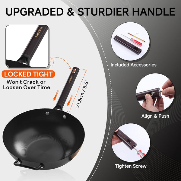 13.5" Carbon Steel Wok Pan - Pre-Seasoned Flat Bottom Woks & Stir-Fry Pans Chinese Cookware with Lid & Spatula - for Pan-Fry,Stir Fry, Steam, BBQ & Camping - Compatible with Induction, Gas8