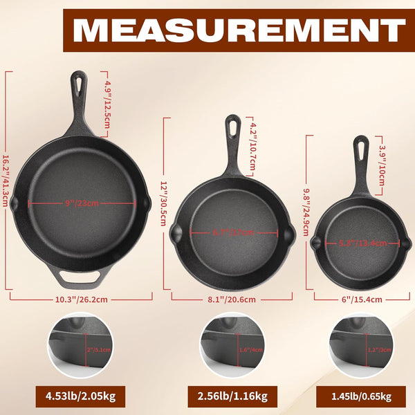 Cast Iron Skillet 3-Piece Set, 6", 8", 10" Frying Pans, Heavy-Duty Pre-Seasoned Pan Cookware Set, for Frying, Saute, Cooking, Pizza & More, Black2