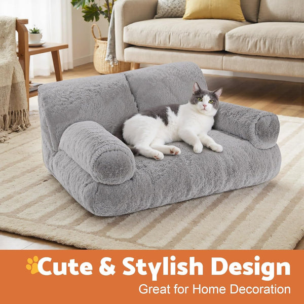 Gimars Upgrade Large Cat Bed for Indoor Cats -Added 10% More Stuff Sponge, Orthopedic Pet Couch Beds with Bolstered Edges, Fluffy Washable & Removable Cover, anti Slip Base, Grey | 10% More Stuff Sponge, Orthopedic Pet Couch with Bolstered Edges, Fluffy Washable & Removable Cover, anti Slip Base2