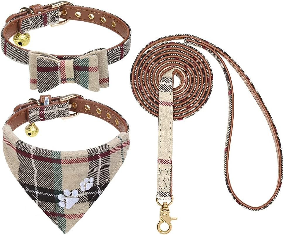 expawlorer-puppy-collar-and-leash-set-embroidery-pawprints-plaid-dog-collar-and-dog-leash-set-bow-tie-and-bandana-dog-collar-with-bell-cute-collar-and-leash-for-dogs-cats-outdoor-walking-blue-s