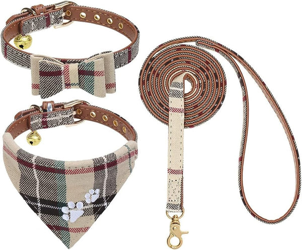 EXPAWLORER Puppy Collar and Leash Set - Embroidery Pawprints Plaid Dog Collar and Dog Leash Set, Bow Tie and Bandana Dog Collar with Bell, Cute Collar and Leash for Dogs Cats Outdoor Walking, Blue S8