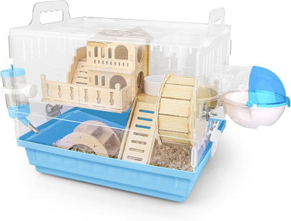 Cycodo 8 in 1 Acrylic Hamster Cage,2-Tier Dwarf Hamster Cage with Wooden Wheel & Hideout,Small Hamster Habitat with Accessories,Clear Pet Mice House(Green,14" L*10" W*11" H)7