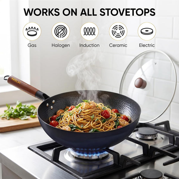 12.6 Inch Carbon Steel Wok Pan with Glass Cover, Pre-Seasoned Flat Bottom Wok for Chinese Cooking, Woks & Stir-Fry Pans Cookware, Compatible with Induction, Electric, Gas & Halogen4