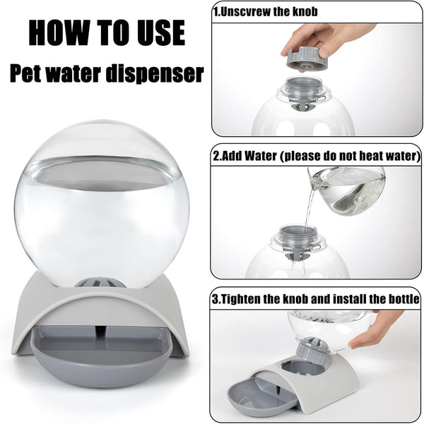 Pet Water Dispenser, 2.8L Automatic Gravity Cat Water Dispenser for Cats, Dogs & Rabbit, Detachable Cat Dog Water Dish Feeder with Spherical Waterer Bubble, Grey3