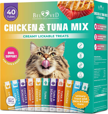 Creamy Lickable Cat Treats & Wet Food Squeeze Tubes – Liquid Kitten Snacks, Urinary Tract Care, Skin & Coat Health, Multivitamin Treats for Cats, & Small Dogs, Lick up 40 Sticks Tuna + Chicken Mix1