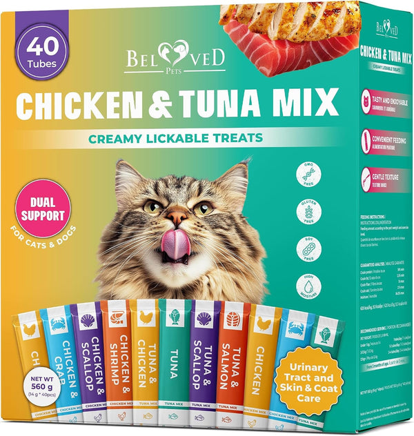 Creamy Lickable Cat Treats & Wet Food Squeeze Tubes – Liquid Kitten Snacks, Urinary Tract Care, Skin & Coat Health, Multivitamin Treats for Cats, & Small Dogs, Lick up 40 Sticks Tuna + Chicken Mix1