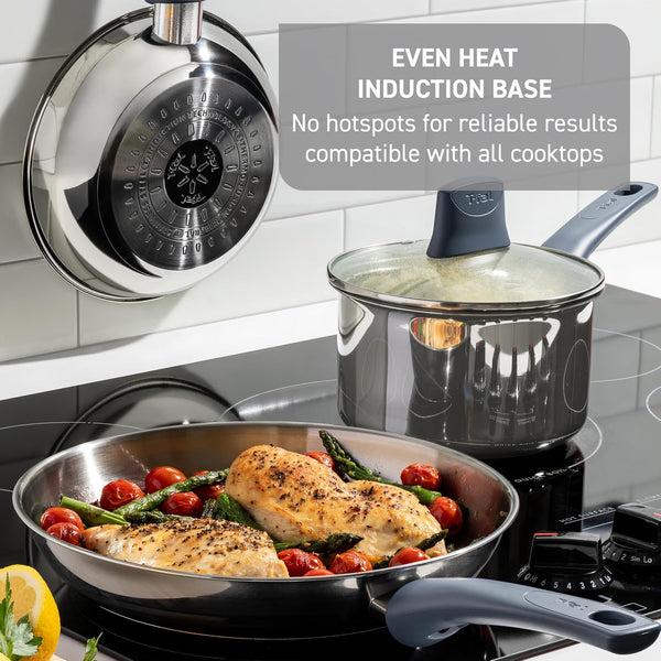 Essentials Stainless Steel Cookware Set 12 Piece, Induction Compatible, Oven Safe 350F, Cooking Set W/Stewpots, Stockpot, Saucepan, Lids & Tools, Measuring Marks, Dishwasher Safe, Silver/Blue6