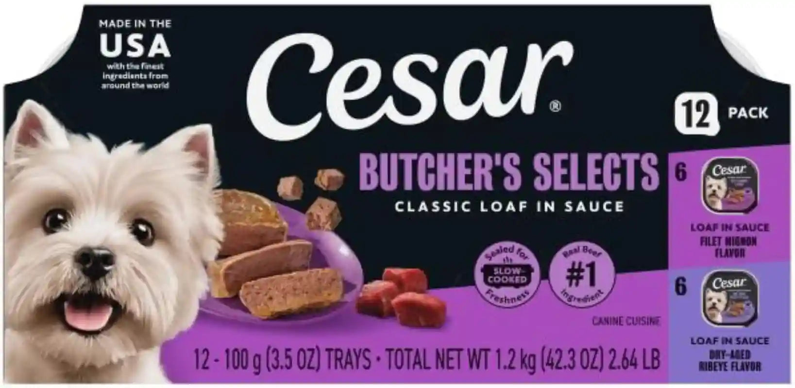 cesar-wet-dog-food-classic-loaf-in-sauce-grilled-chicken-filet-mignon-porterhouse-steak-beef-chicken-liver-and-turkey-variety-pack-3-5-oz-easy-peel-trays-36-count-pack-of-1-made-in-usa-real-meat-1-ingredient-no-fillers-or-artificial-flavors-formulated-without-grains-easy-peel-trays