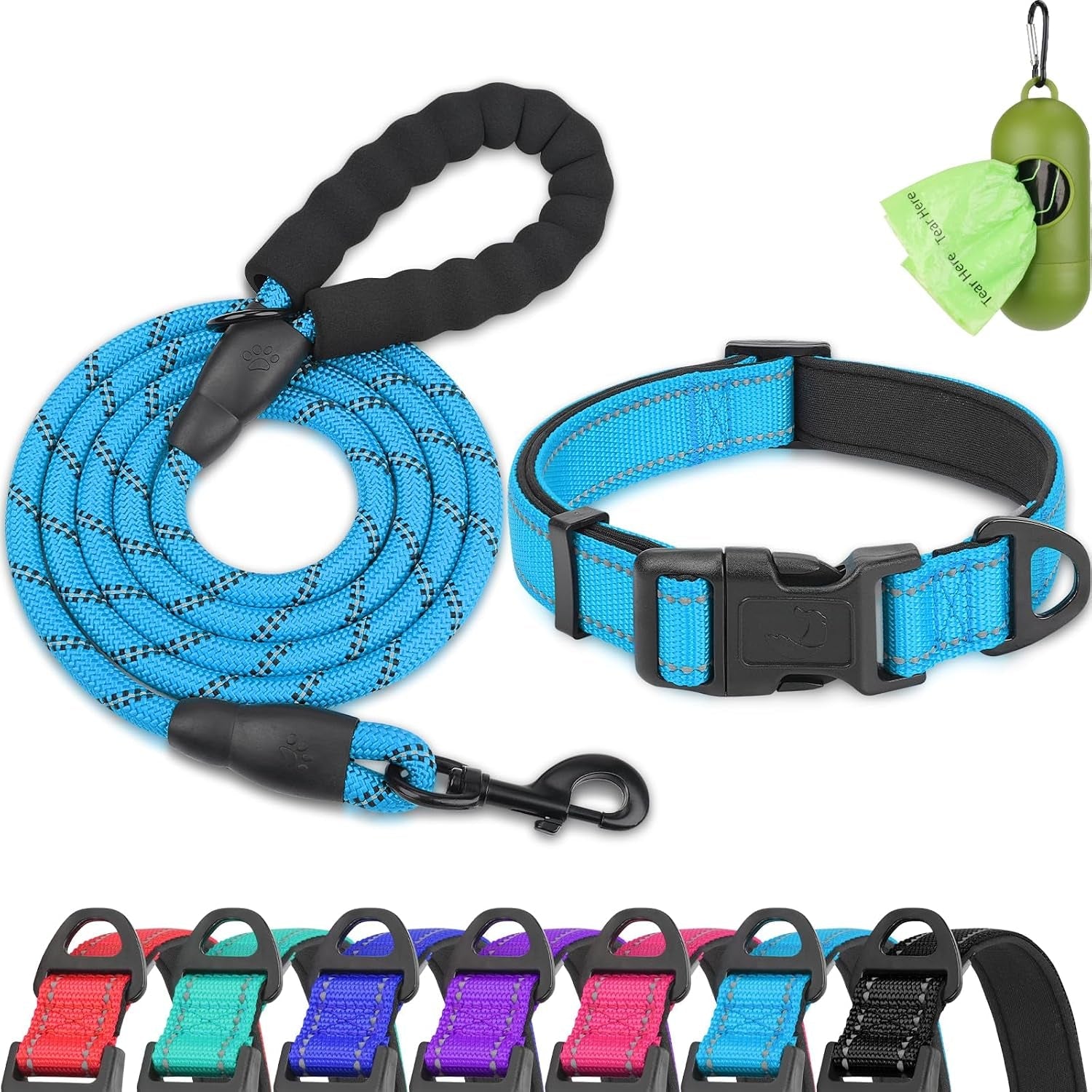 dynmeow-reflective-dog-collar-and-leash-set-for-large-dogs-teal-soft-neoprene-padded-6ft-climbing-rope-ideal-for-daily-outdoor-walking-or-indoor-wearing-night-visible-for-safety