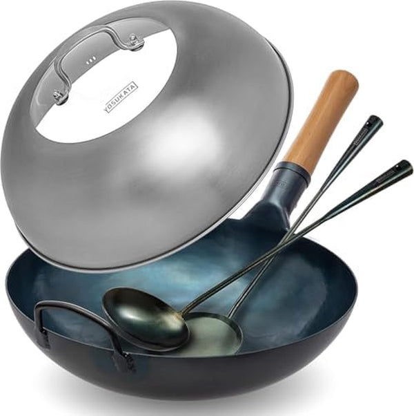 Carbon Steel Flat Bottom Wok Pan - 13.5" + Wok Lid 12.8 Inch - Cover with Tempered Glass Insert Steam Holes + Blue Carbon Steel 17-Inch Spatula, Ladle, 3 Pairs Chopsticks4