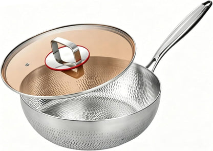 Titanium Hammered Wok with Lid, Titanium Pans for Cooking, No Coating Non Stick Titanium Cookware, Durable Scratch-Resistant Titanium Frying Pans, Dishwasher Safe,11.02In1
