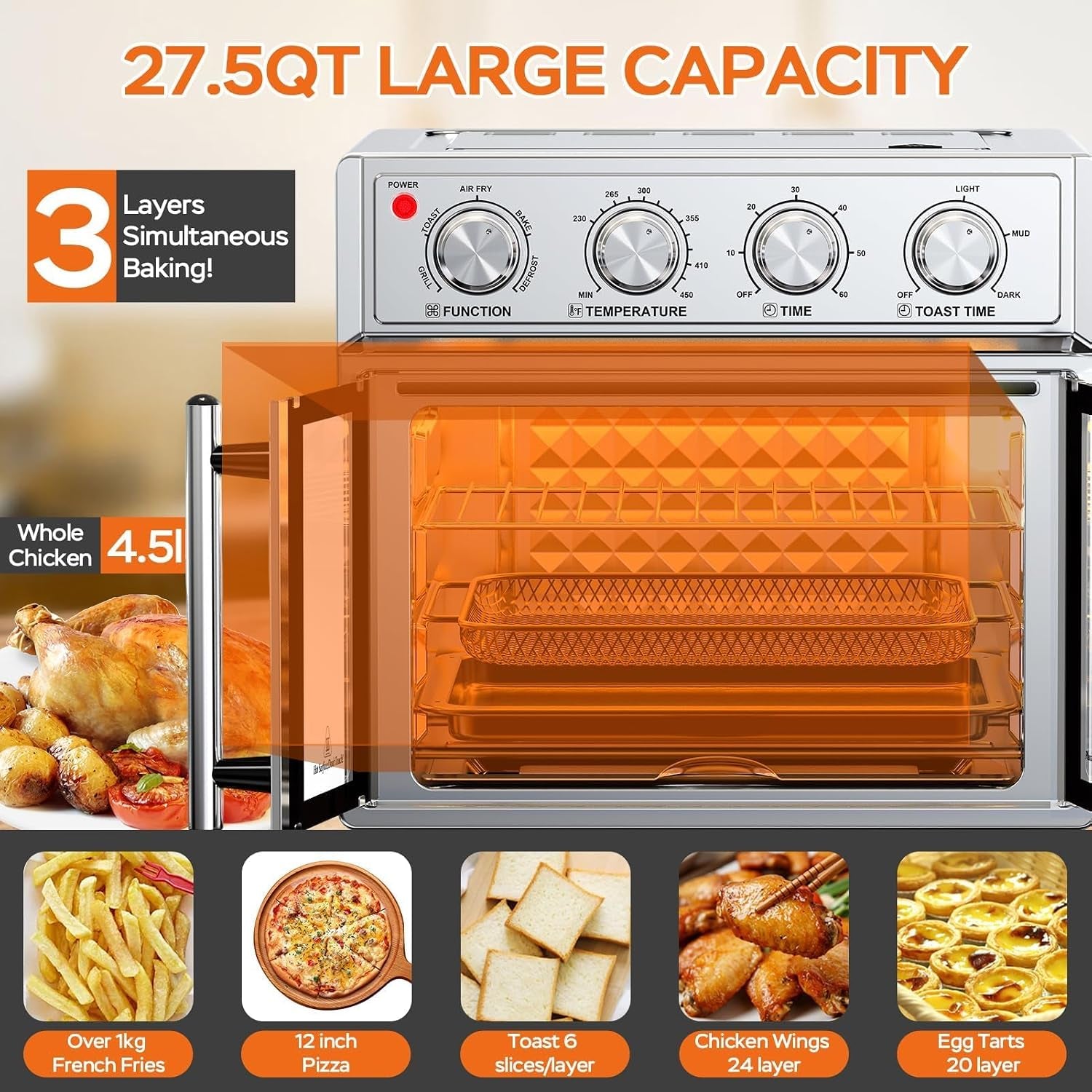plumchef-27-5-quart-extra-large-6-slices-air-fryer-convection-toaster-oven-french-door-1700w-multifunction-oven-for-air-fryer-toast-grill-defrost-bake-stainless-steel