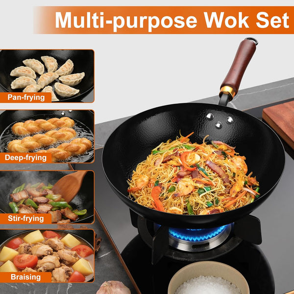 Carbon Steel Wok Pan, 12.6-Inch Nonstick Pre-Seasoned Woks & Stir-Fry Pans with Glass Lid, No Chemical Coated Wok round Bottom Hand Hammered Chinese Wok for Gas Stoves7