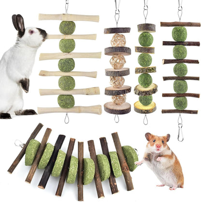 ERKOON Bunny Chew Toys, Rabbit Chew Toys for Teeth Grinding, Improve Dental Health, 100% Natural Apple Wood Timothy Grass Cake Treats for Rabbits Guinea Pigs Chinchillas Bunnies Hamsters (3 Pcs)10