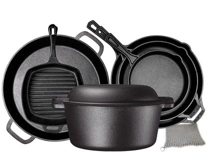 8 Piece Cast Iron Cookware Set - Pre-Seasoned Pots and Pans Set with Cast Iron Skillets, Grill Pan, Dutch Oven, Pizza Pan, and Scrubber - Heavy Duty Cooking for Home Kitchen or Camping1