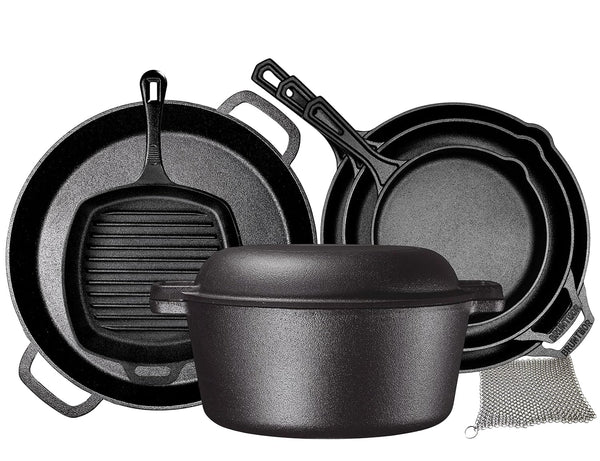 8 Piece Cast Iron Cookware Set - Pre-Seasoned Pots and Pans Set with Cast Iron Skillets, Grill Pan, Dutch Oven, Pizza Pan, and Scrubber - Heavy Duty Cooking for Home Kitchen or Camping1